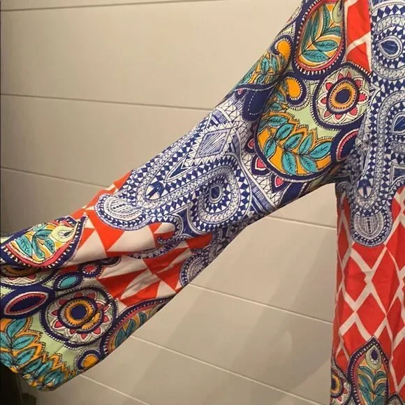 West Kei Orange and Blue Resort Wear Sundress with 3/4 Bishop Sleeves - Picture 4 of 10